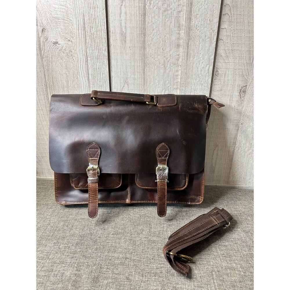 Leather Briefcase w/ Dual Buckle Closure & Detachable Shoulder Strap Brown